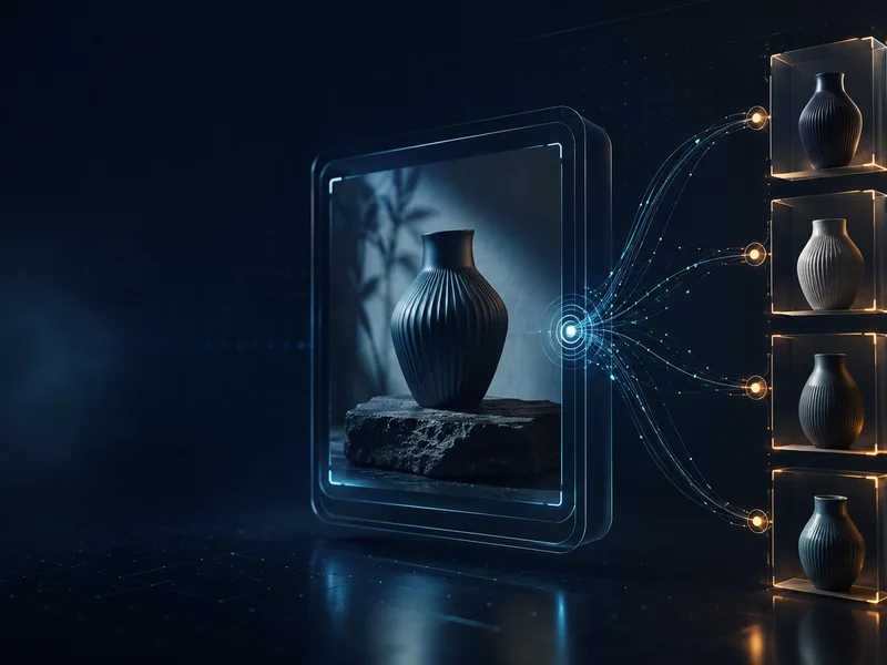 Abstract product photograph transforming into structured candidate records with visual evidence