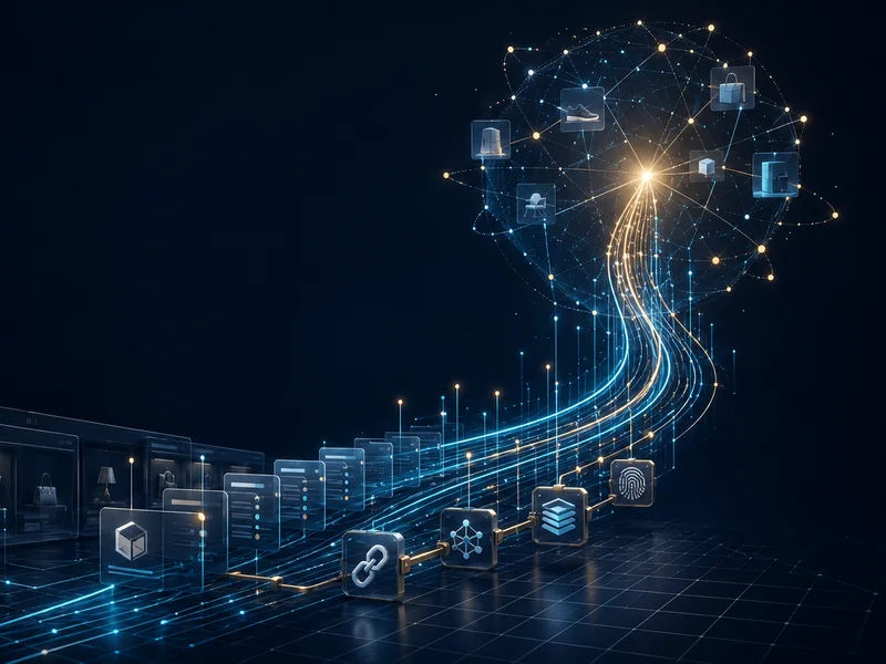 Abstract retailer pages transforming into structured discoverable data pathways for AI search